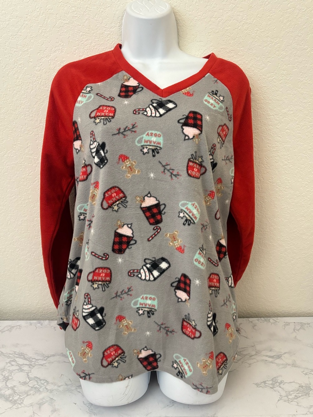 Hanes Comfort Sleep Top Sz L Pullover Fleece Red Coffee Cocoa Long Sleeve